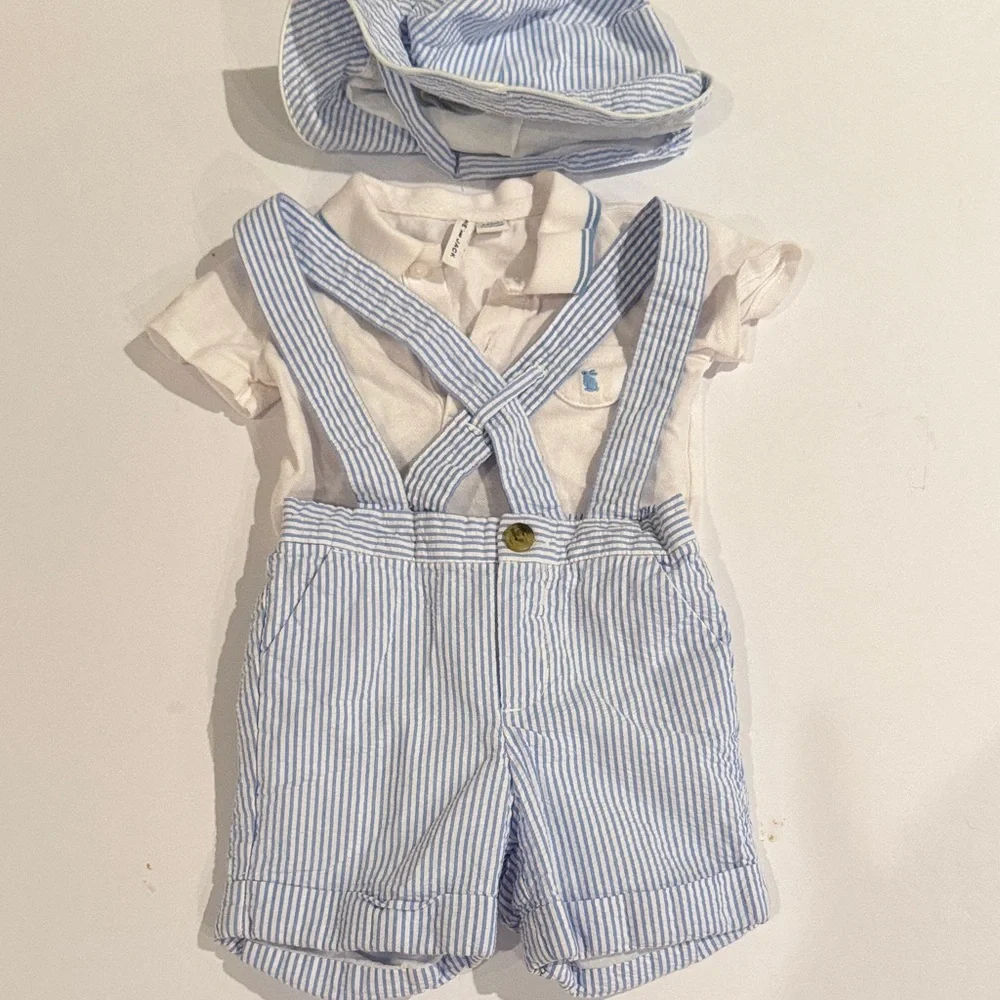 Janie and‎ Jack Seersucker Polo & Overalls With Matching Hat 6-12 Months Boy